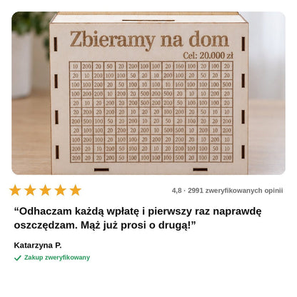 avis — Drewniana skarbonka z wyzwaniem oszczędnościowym – Twój napis i Twój cel