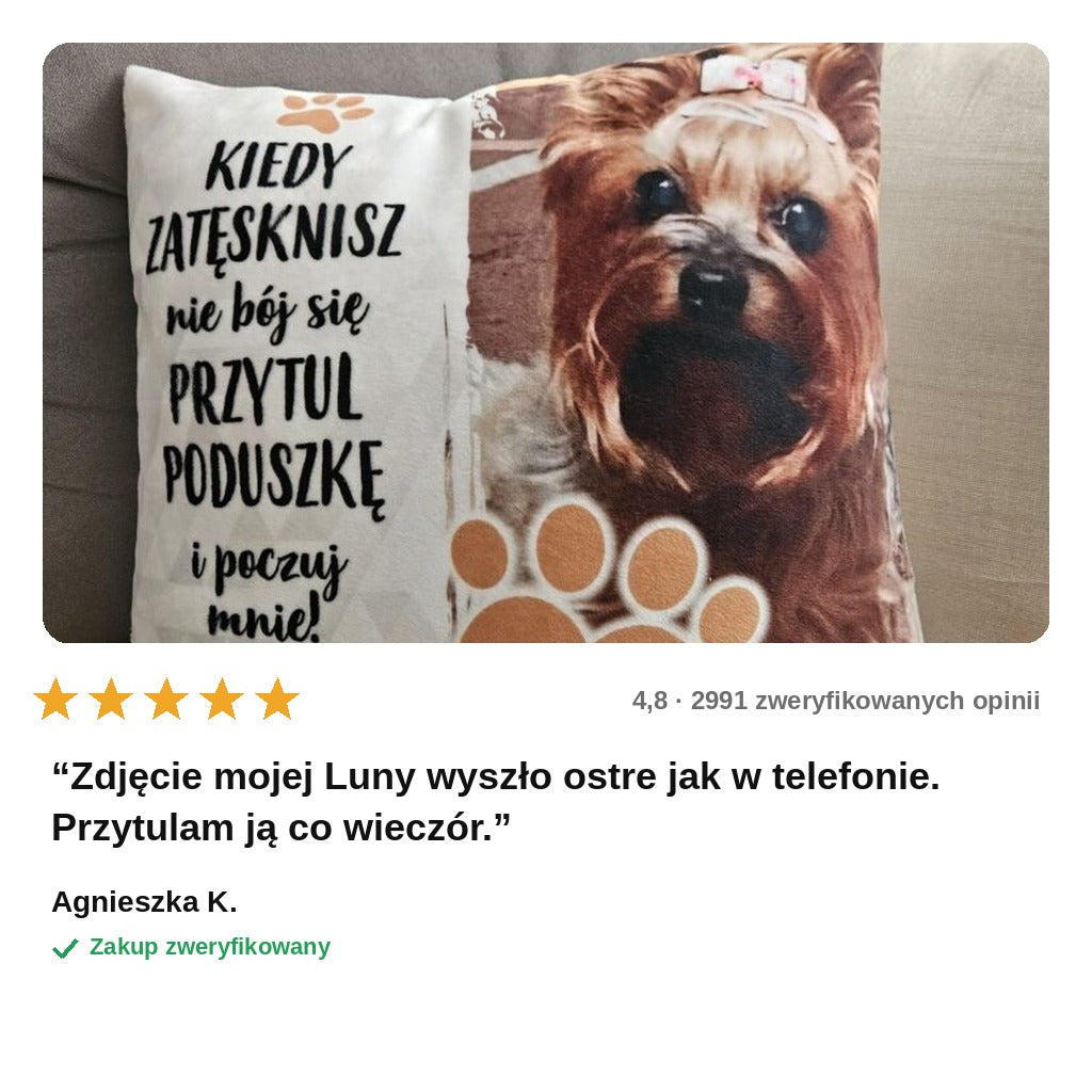 avis — Poduszka ze zdjęciem Twojego pupila – z imieniem i datą, 40 × 40 cm