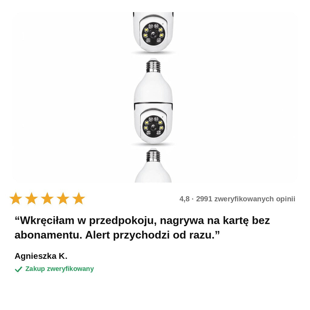 avis — OkoDomu™ – Kamera WiFi w żarówce E27, obrót 355°, nagrywanie na kartę bez abonamentu