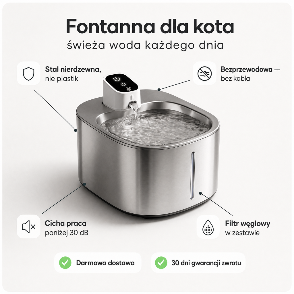 Fontanna dla Kota ze Stali Nierdzewnej 4 L — Bezprzewodowa
