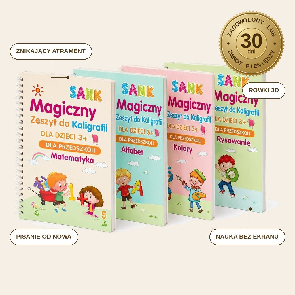 infographie — PiszęSam™ – Magiczne Zeszyty 3D do Nauki Pisania (4 zeszyty + magiczny długopis)
