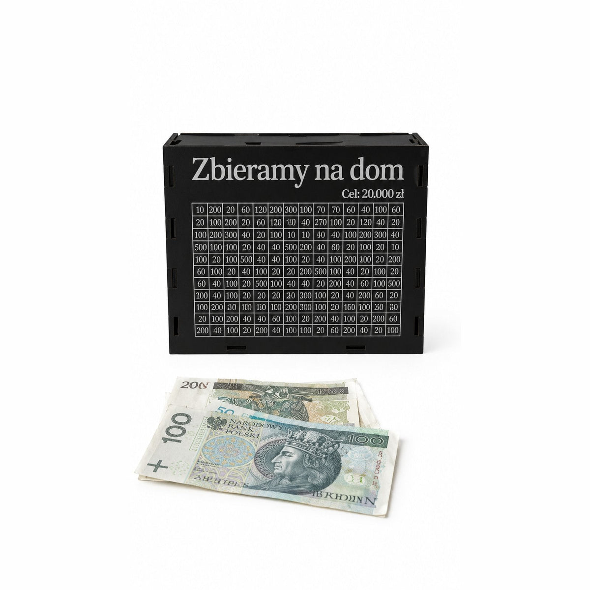 couleur Czarny — Drewniana skarbonka z wyzwaniem oszczędnościowym – Twój napis i Twój cel