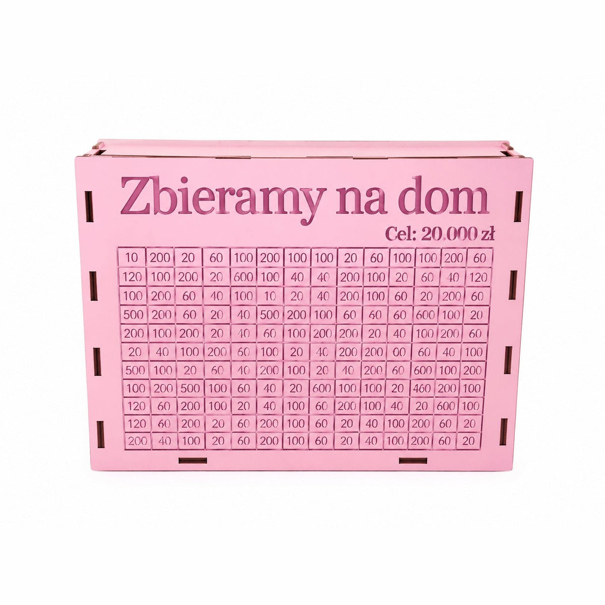 couleur Różowy — Drewniana skarbonka z wyzwaniem oszczędnościowym – Twój napis i Twój cel