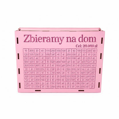 couleur Różowy — Drewniana skarbonka z wyzwaniem oszczędnościowym – Twój napis i Twój cel