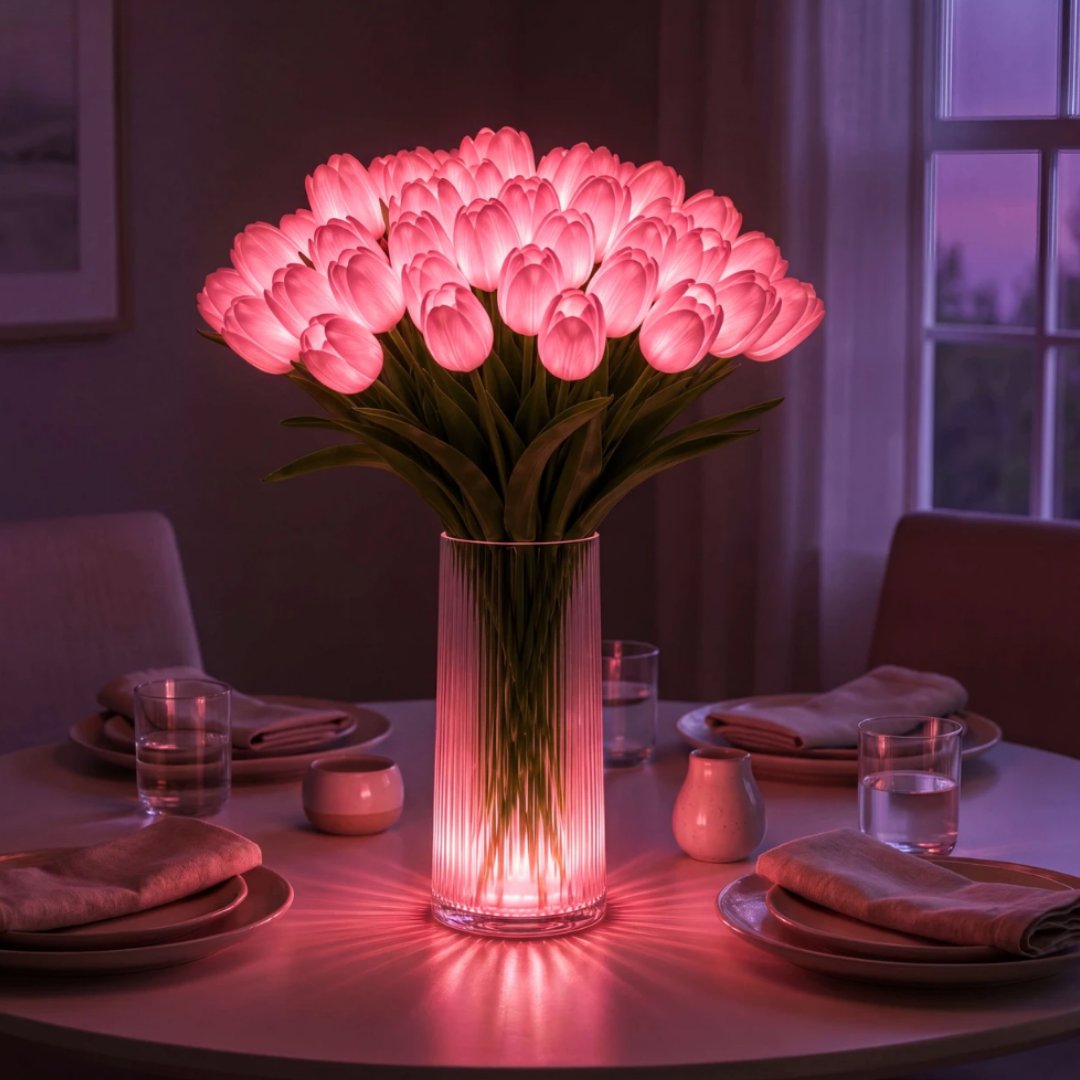 couleur Różowy — Lampka Bukiet Tulipanów LED – tulipany w szklanym wazonie, które nigdy nie więdną