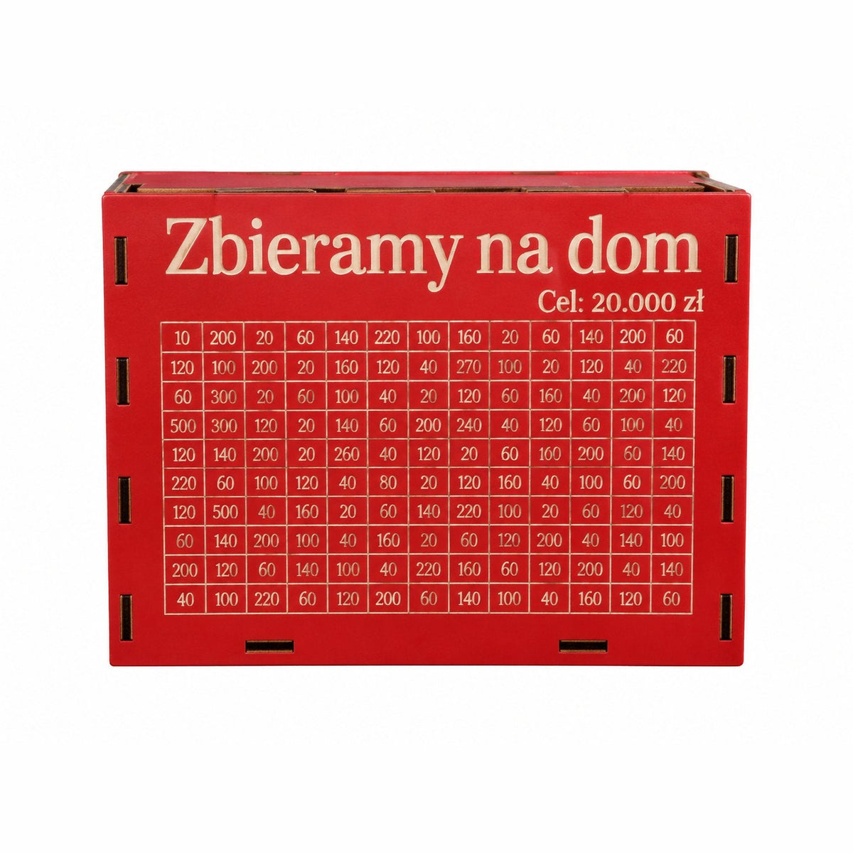couleur Czerwony — Drewniana skarbonka z wyzwaniem oszczędnościowym – Twój napis i Twój cel
