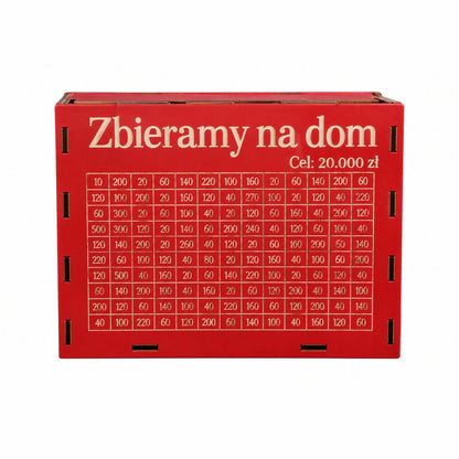 couleur Czerwony — Drewniana skarbonka z wyzwaniem oszczędnościowym – Twój napis i Twój cel