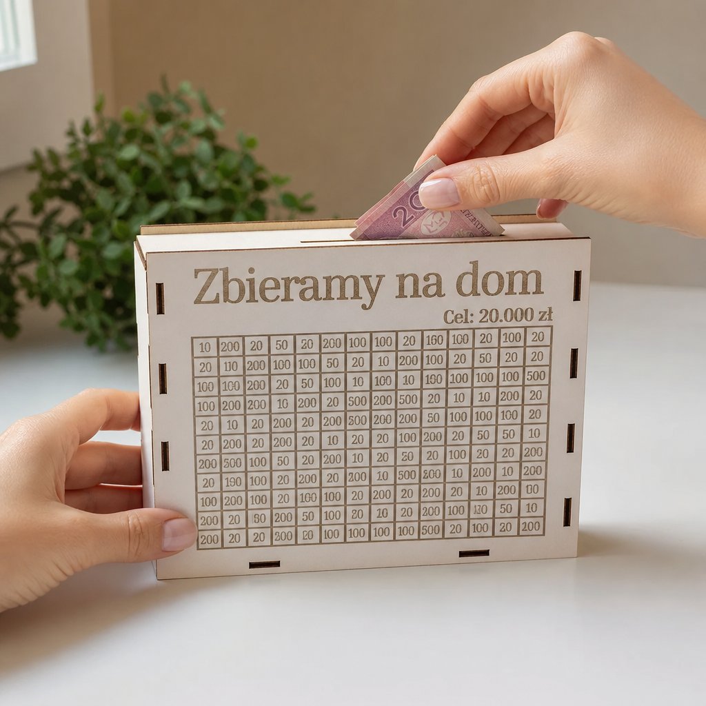 packshot — Drewniana skarbonka z wyzwaniem oszczędnościowym – Twój napis i Twój cel