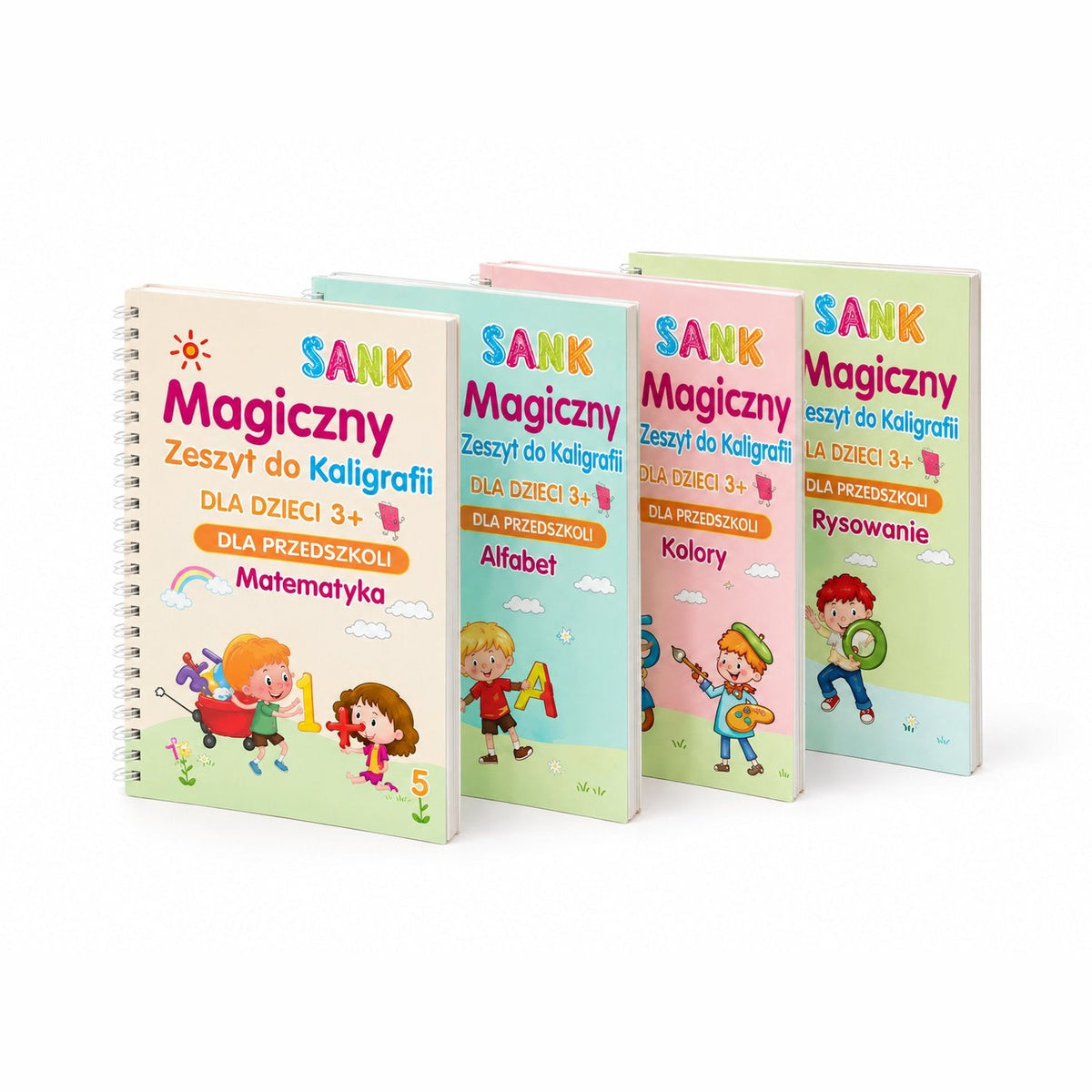 packshot — PiszęSam™ – Magiczne Zeszyty 3D do Nauki Pisania (4 zeszyty + magiczny długopis)
