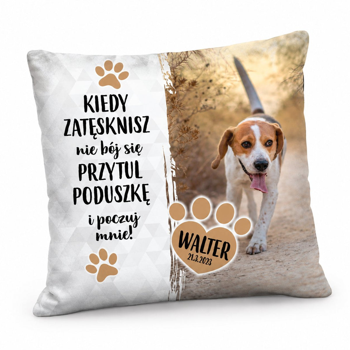 packshot — Poduszka ze zdjęciem Twojego pupila – z imieniem i datą, 40 × 40 cm